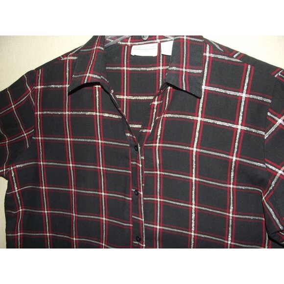 Company One Woman Shirt Plus 1X Navy Blue red Silver Metallic Plaid button-down - Picture 7 of 13